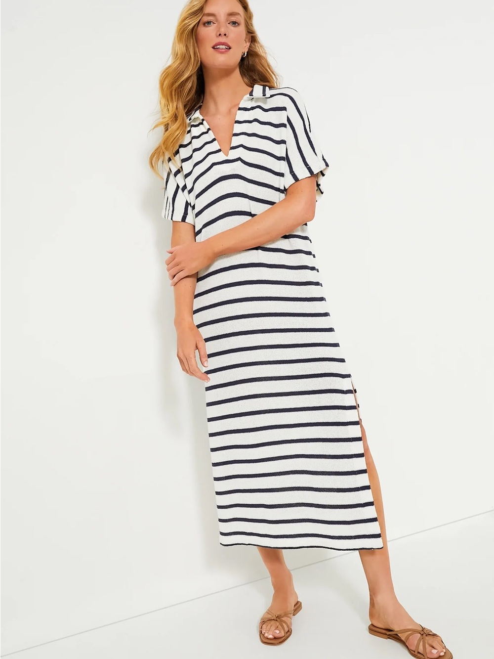 NWT- French Stripe Knit Maren Polo Dress 
- Striped White and Navy V‑Neck Midi